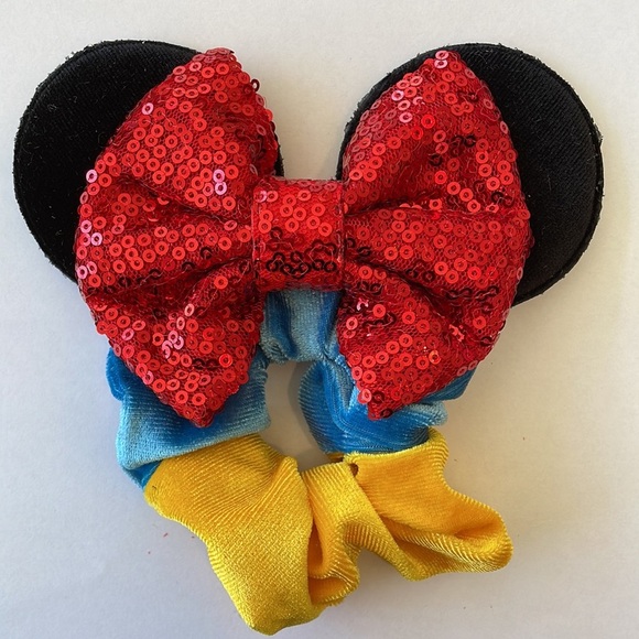 Mickey Mouse Ears Scrunchie Ponytail Holder with Sequins - Blue/Yellow w/Red Bow - Picture 6 of 6